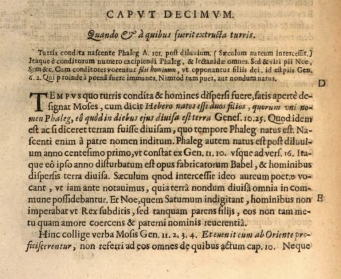Bochart, Phaleg, chapter opening in Latin, original supplied facsimile